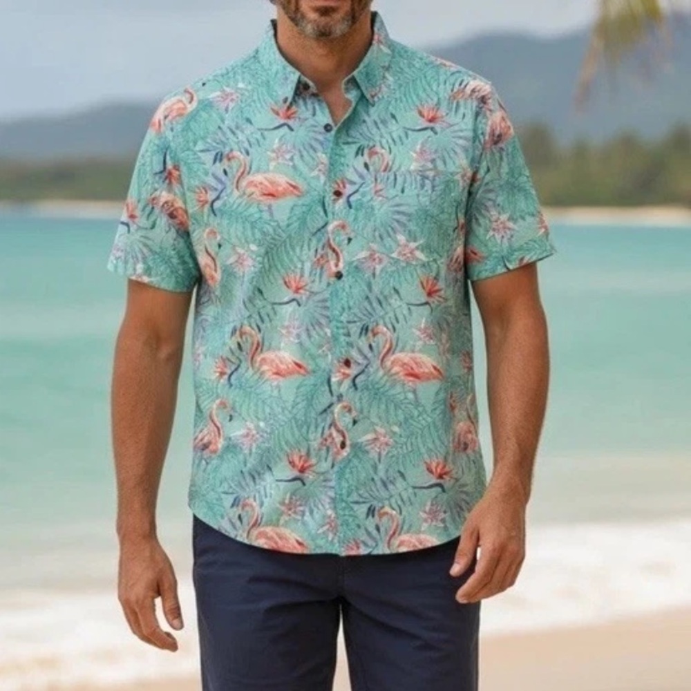 Havana Jim Camp Shirt Men’s Size Large Aqua Aloha Luau Tropical Floral Hawaiian